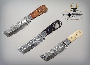 8" Long hand forged Damascus steel full tang Tanto blade custom made hunting Knife, Camel bone with Damascus Bolster, Cow leather sheath