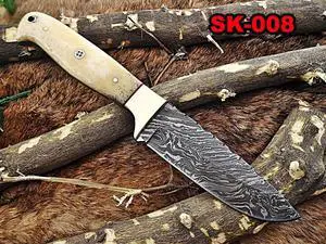 9.5" Long hand forged Hunting knife, 4.5" full tang Damascus steel drop point blade, Natural Camel bone scale with hole, Cow leather sheath White