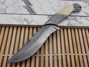 10.5 Long hand forged Damascus steel skinning Knife,5.5" full tang blade, Natural Camel bone scale with Damascus bolster & Pommel, Cow hide Leather sheath included