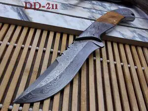 10.5 Long hand forged Damascus steel skinning Knife,5.5" full tang blade, Natural KOW wood scale with Damascus bolster & Pommel, Cow hide Leather sheath included Yellow