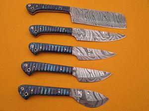 Damascus steel kitchen utility knife 5 pieces set, Overall Length of All Set (10.6+9.6+9.0+8.0+7.6)Inches (approximately)long custom made Damascus steel chef Knife Blue