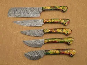 Damascus steel kitchen utility knife 5 pieces set, Overall Length of All Set (10.6+9.6+9.0+8.0+7.6)Inches (approximately)long custom made Damascus steel chef Knife Camo