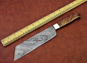 12 Inches long custom made Damascus steel full tang butcher Knife 7" full tang blade blade Natural Kow wood scale with brass bolster Brown