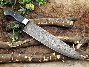 Rain drop pattern Damascus Steel chef Knife 13.5 Inches long, 7.5" Rain drop pattern hand forged Damascus steel blade, Blue Colored camel bone with brass bolster scale