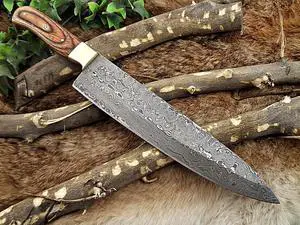 Damascus Steel kitchen Knife, 14 Inches Long chef knife with 8.5" long Hand Forged blade, 2 Tone Dollar wood and brass bolster scale