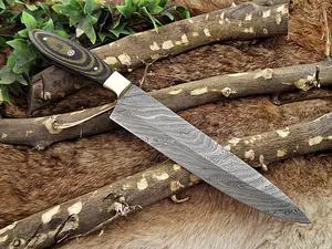 Damascus Steel kitchen Knife 13 Inches full tang 7.5" long Hand Forged blade, 2 Tone Dollar wood and brass bolster scale