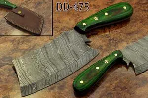 9.5" hand forged Damascus steel Butcher knife, Meat cleaver, colored wood scale, Cow hide Leather sheath with belt loop