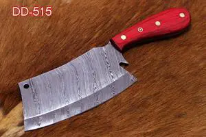 9.5" hand forged Damascus steel Butcher knife, Meat cleaver, colored wood scale, Cow hide Leather sheath with belt loop Red