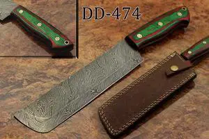 12.5" hand forged Damascus steel Nakiri knife, kitchen knife, vegetable knife, 2 tone Green & Maroon wood scale, Cow hide Leather sheath with belt loop