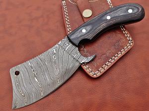 9" long hand forged Twist Pattern Damascus steel Butcher Meat cleaver, Natural walnut wood scale, Cow hide Leather sheath included