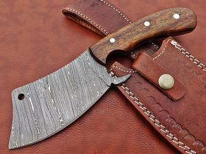9" long hand forged Twist Pattern Damascus steel Butcher Meat cleaver, Natural walnut wood scale, Cow hide Leather sheath included Brown