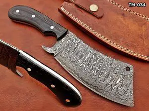 10" long hand forged rain drop Pattern Damascus steel Butcher Meat cleaver, Natural walnut wood scale, Cow hide Leather sheath included (Black)