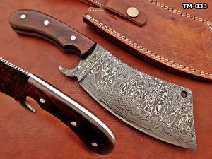 10" long hand forged rain drop Pattern Damascus steel Butcher Meat cleaver, Natural walnut wood scale, Cow hide Leather sheath included Brown