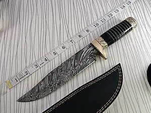 13.5 Inches long Damascus steel custom made bowie Knife bull horn with engraved brass scale Hand Forged 8" blade cow hide leather sheath