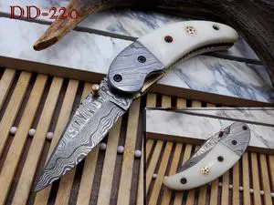 7"long Damascus steel Folding Knife with camel bone scale custom made 3" Hand Forged blade cow hide leather sheath