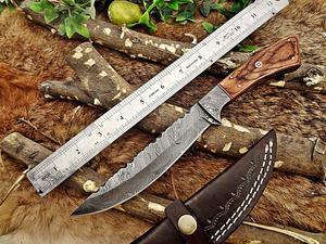 11" Long hand forged Damascus steel full tang clip point blade skinning Knife, Natural Rose wood with Brass bolster, Cow Leather sheath