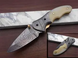 7"long Damascus steel Folding Knife with camel bone scale custom made 3" Hand Forged blade cow hide leather sheath