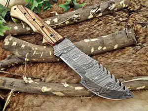 13" Long hand forged twist pattern full tang Damascus steel tracker knife, Exotic kao wood with holes scale, Cow leather sheath