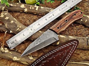 8.5" Long hand forged skinning Knife, 4.5" full tang hand forged Damascus steel coping blade, 2 tone dollar wood scale, Cow Leather sheath