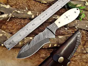9" Long hand forged Damascus steel full tang skinning Knife with gut hook, Camel bone with Damascus Bolster, Cow hide Leather sheath