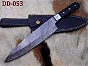 Damascus Steel kitchen Knife Custom made 13 Inches long Hand Forged Chef Knife 7.2" edge Buffalo Horn W/Bolster scale, cow leather sheath