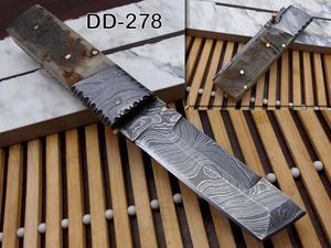 Damascus steel 7.5" long Folding Knife Ram horn with Damascus bolster scale, custom made 3" Hand Forged blade cow hide leather sheath