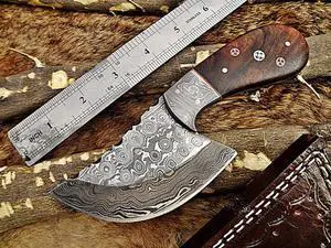 7" long compact Hand Forged Damascus Steel wide blade Knife with 3.5" cutting, Natural Rose wood scale with Bolster cow hide leather sheath
