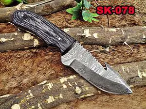 8" Long skinning knife, 4" full tang gut hook blade, hand forged Damascus steel, 2 tone Dollar wood scale, Cow Leather sheath