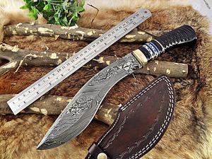 14" Long hand forged Damascus steel hunting Kukri Knife, Engraved Buffalo Horn with Brass & blue fiber scale, Cow hide Leather sheath