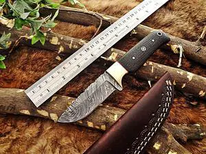 8" Long hand forged hunting Knife, 4" full tang Damascus steel blade, 2 tone Micarta wood with inserting hole, Cow hide Leather sheath