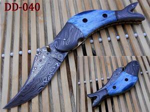 Damascus steel hand forged custom rain drop patren 8" folding pocket knife 4" blade colored Bone & Damascus boster scale cow leather sheath