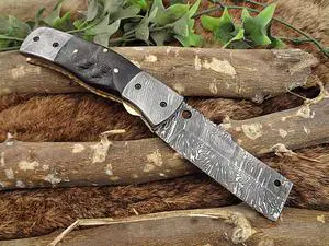 Damascus Steel Tanto blade folding knife, Natural Lamb Horn with Damascus Bolster scale, Leather sheath included