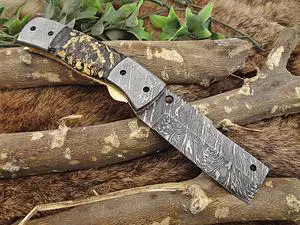 Damascus Steel Tanto blade folding knife Camouflage colored Razen scale, Cow Leather sheath