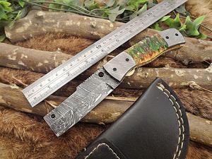 Damascus Steel Tanto blade folding knife (Green & Orange)