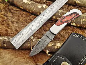 6.5 " Damascus steel Folding Knife, 2 tone Red Dollar wood with steel bolster scale, custom made 3" Hand Forged blade cow leather sheath