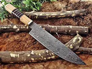 13.5 Inches long custom made Damascus steel chef Knife 8" full tang blade Kow wood scale with brass spacer and bull horn round scale