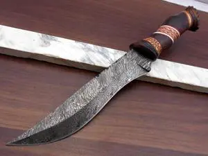 13" Long hand forged Damascus steel skinning knife, Engraved Rose wood scale crafted with engraved brass & Camel bone spacer hunting knife, Cow Leather sheath with belt loop