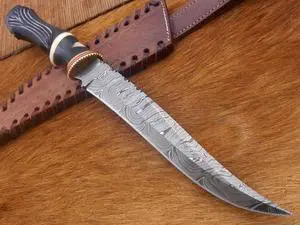 13" Long hand forged Damascus steel skinning knife, Engraved Bull horn crafted with engraved brass spacer and Camel bone scale hunting knife, Cow Leather sheath with belt loop