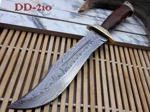 13 Inches long Damascus steel custom made hunting Bowie Knife, Red wood scale with brass finger guard and cap cow hide leather sheath