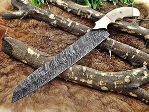 13 Inches long custom made Damascus steel full tang 9" blade kitchen Knife, Camel bone 4" scale with brass bolster