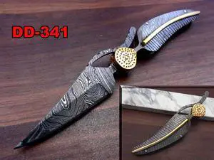8" hand forged Damascus steel folding pocket knife crafted in Leaf shape, Engraved Damascus scale with bras art work cow leather sheath