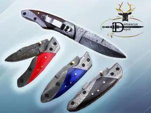 8" long Damascus steel custom made Folding Knife with pocket clip & Thumb knob, Available in Various colors scale with Bolster, 3.5" blade, Cow hide leather sheath included
