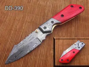 8.3" long hand forged custom made Damascus steel pocket clip folding knife, Various scale Colors available with Damascus Bolster, 4" long blade, Cow hide leather sheath with belt loop