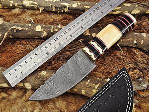 9.5" Long Damascus steel Skinning Knife hand forged Twist pattern Damascus steel, Bull horn round scale crafted with engraved brass spacer & cap, thick Cow hide leather sheath