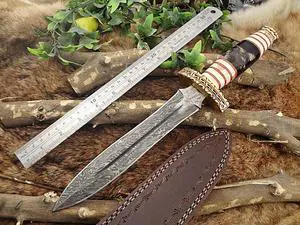 14.5" Long Damascus Steel Dagger Knife Hand Forged 8" Dual Edge,Exotic Scale Crafted Engraved Brass Finger Guard Camel Bone, Sheath