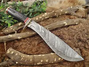 Damascus Steel Hunting Bowie Knife 14.5 Inches custom made Hand Forged With 10" blade, 2 Tone Green wood with engraved brass scale, Thick cow hide Leather Sheath with belt loop