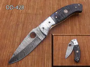 8" Damascus steel folding knife with finger hole blade, Bird Engraved steel bolster, liner Lock equipped, Natural Ram Horn scale, Cow Leather sheath
