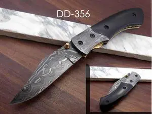 8.3" long hand forged custom made Damascus steel pocket clip folding knife, Available in Black Bull horn, Brown Walnut wood, Red and Blue colored Camel b scale, cow leather sheath
