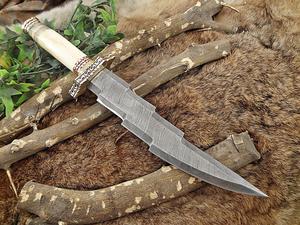 14.5" Long Custom Made Hand Forged Damascus Steel Zig zag Blade Hunting Knife 9" Blade, Camel Bone Engraved Brass Scale, Cow Hide Leather Sheath