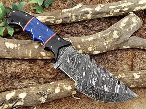 Damascus Steel 10" Long Full Tang Blade Tracker Knife, Hand Forged Twist Pattern Damascus Steel Blade, Colored Bone & Bull Horn Scale, Thick Cow Hide Leather Sheath Included